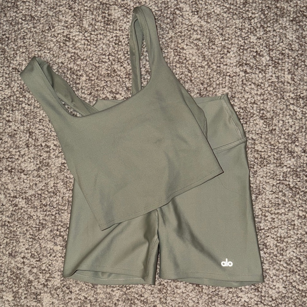 ALO Yoga Sage Green Workout Tank Medium and Biker Shorts Small Set Sold Together